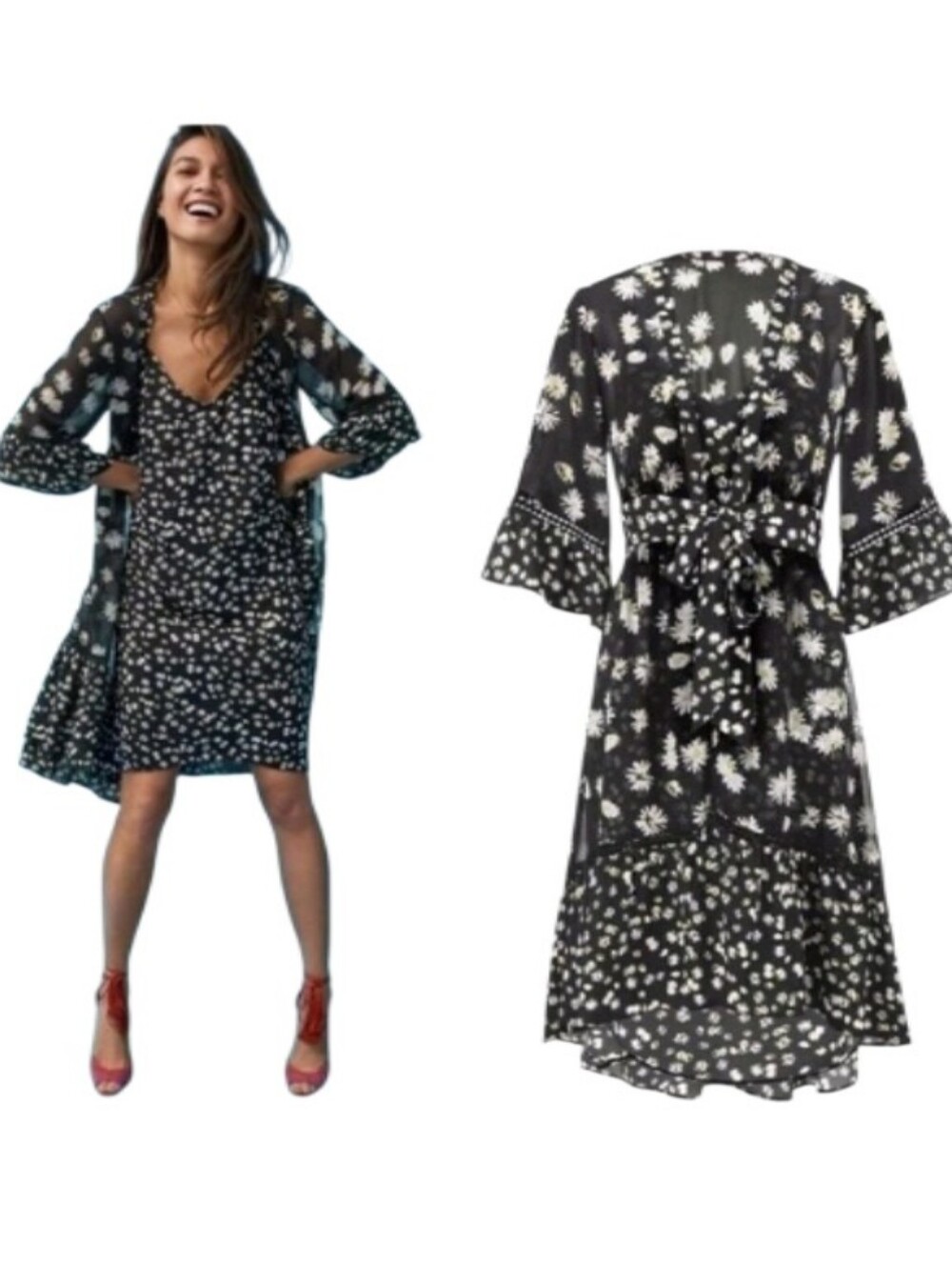Cabi Daisy Party Midi Dress With A Kimono Wrap-NWOT